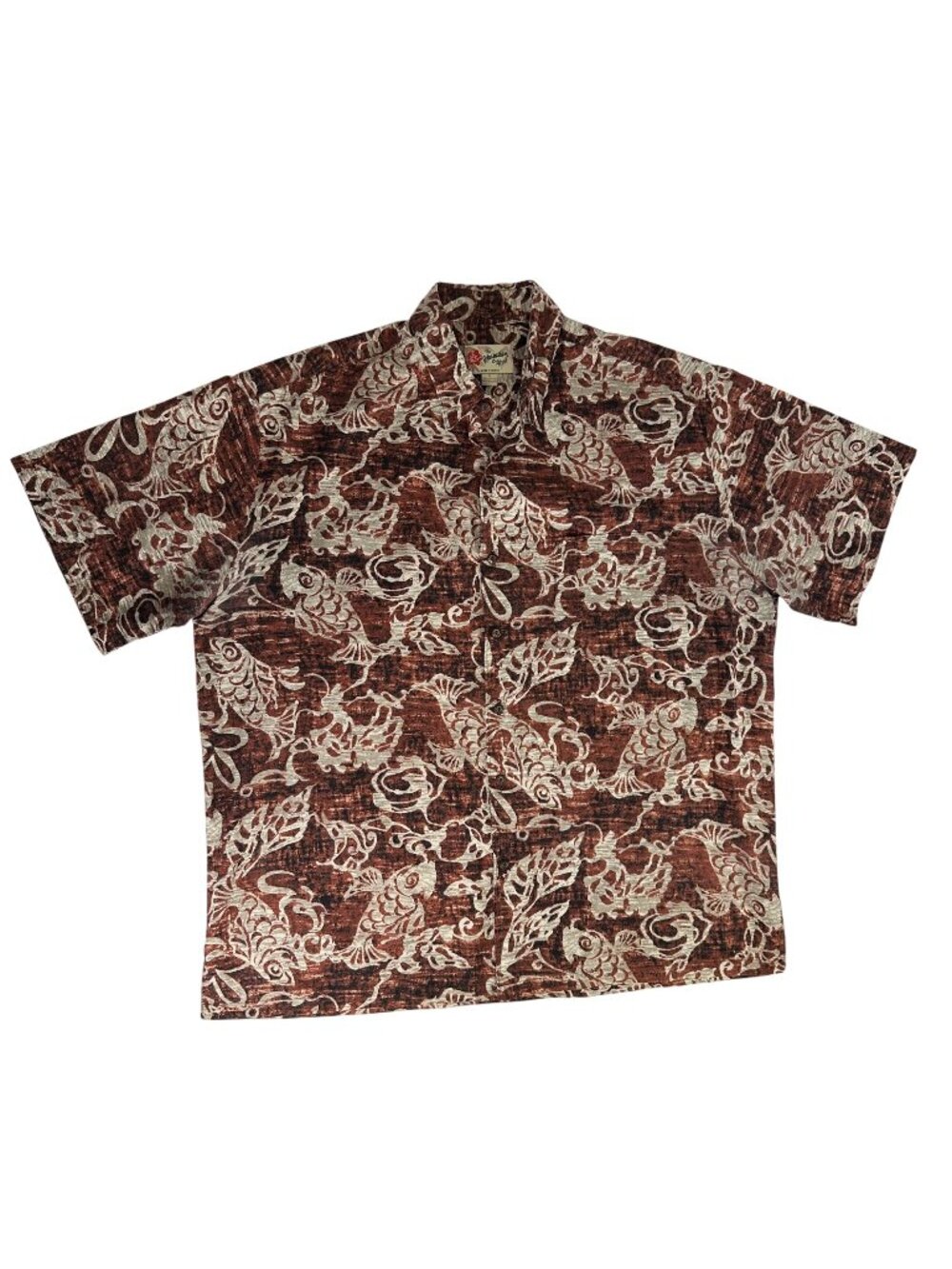 Vintage HILO HATTIE Hawaiian Original Shirt Brown White Koi Fish Mens XL